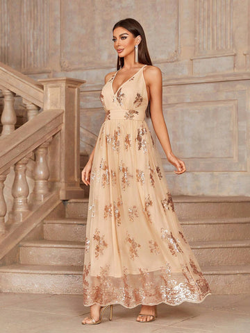 Sequined Mesh Patchwork Cami Bridesmaid Dress