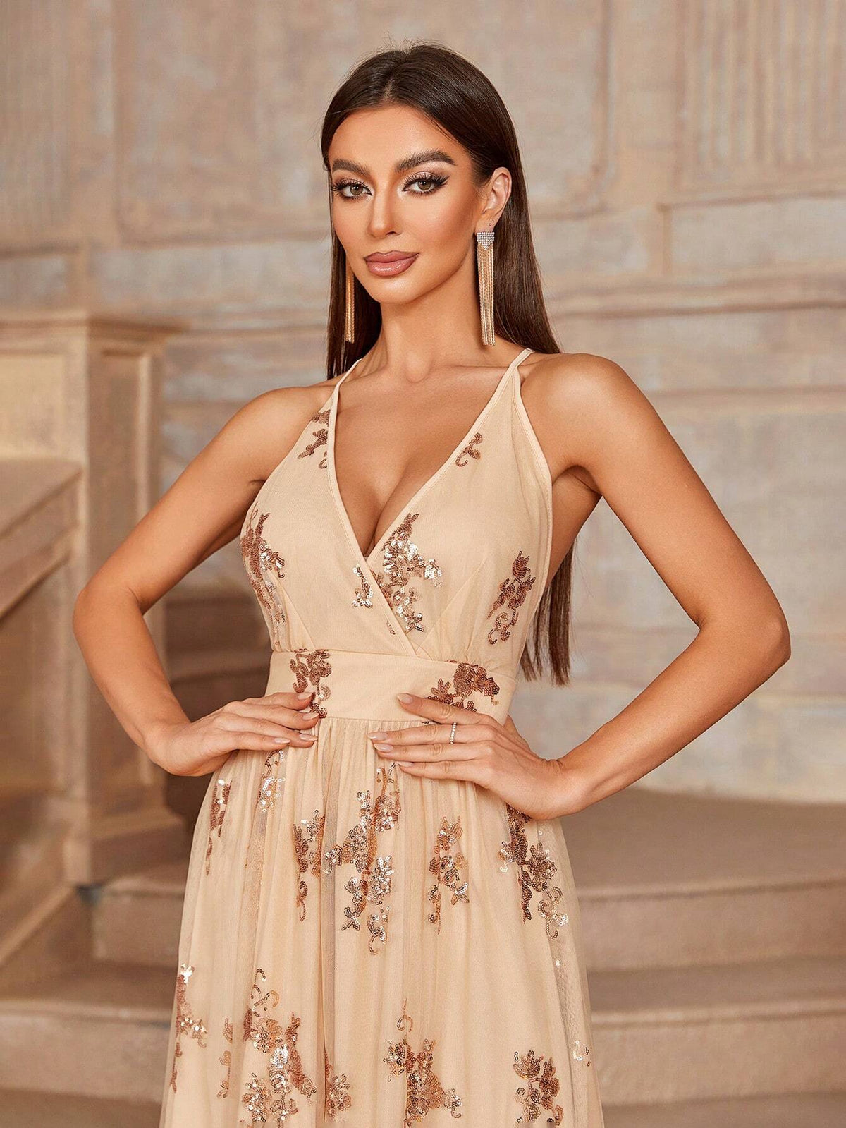 Sequined Mesh Patchwork Cami Bridesmaid Dress