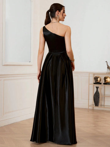 Sexy Solid-Colored Satin One-Shoulder Slit Party Dress With Asymmetric Neckline, Thigh-High Split