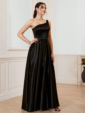 Sexy Solid-Colored Satin One-Shoulder Slit Party Dress With Asymmetric Neckline, Thigh-High Split