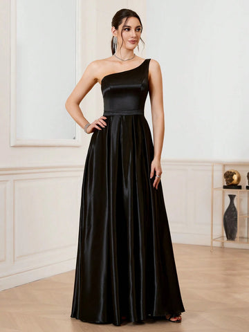 Sexy Solid-Colored Satin One-Shoulder Slit Party Dress With Asymmetric Neckline, Thigh-High Split