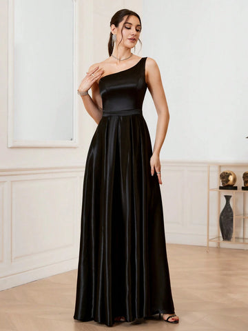 Sexy Solid-Colored Satin One-Shoulder Slit Party Dress With Asymmetric Neckline, Thigh-High Split