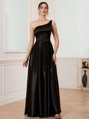 Sexy Solid-Colored Satin One-Shoulder Slit Party Dress With Asymmetric Neckline, Thigh-High Split