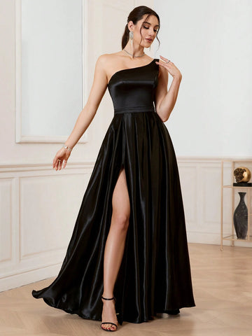 Sexy Solid-Colored Satin One-Shoulder Slit Party Dress With Asymmetric Neckline, Thigh-High Split