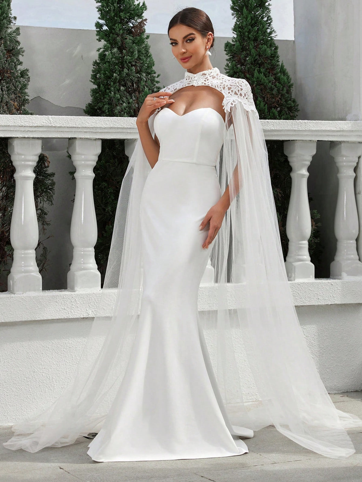 Shoulder Wrap Cathedral Train, Strapless Mermaid Lace Wedding Dress