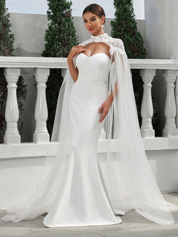Shoulder Wrap Cathedral Train, Strapless Mermaid Lace Wedding Dress