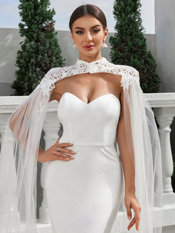 Shoulder Wrap Cathedral Train, Strapless Mermaid Lace Wedding Dress