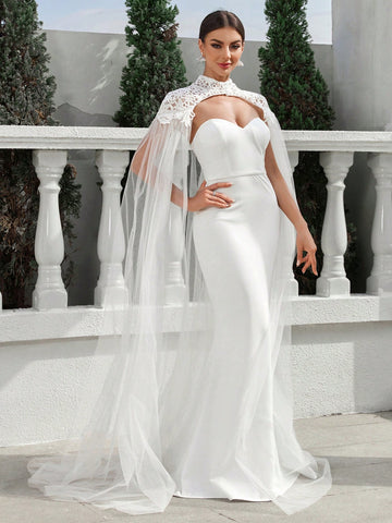 Shoulder Wrap Cathedral Train, Strapless Mermaid Lace Wedding Dress