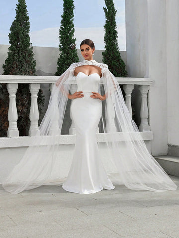 Shoulder Wrap Cathedral Train, Strapless Mermaid Lace Wedding Dress