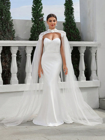 Shoulder Wrap Cathedral Train, Strapless Mermaid Lace Wedding Dress
