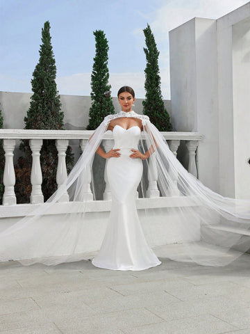 Shoulder Wrap Cathedral Train, Strapless Mermaid Lace Wedding Dress