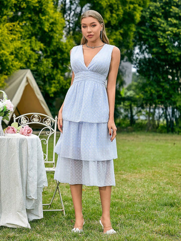 Sleeveless Deep V-Neck Jacquard Bridesmaid Dress With Pleated Waist, Open Back