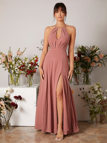 Slit Thigh Keyhole Halter Neck Tie Back Chiffon Bridesmaid Dress
