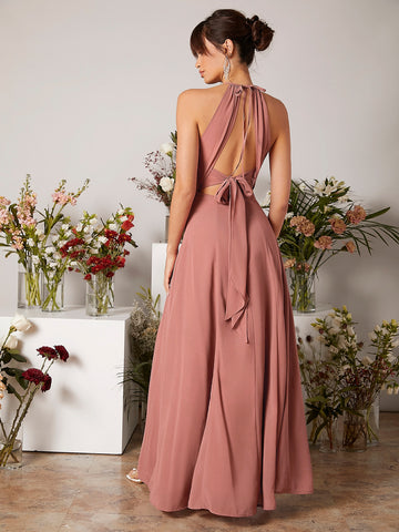 Slit Thigh Keyhole Halter Neck Tie Back Chiffon Bridesmaid Dress
