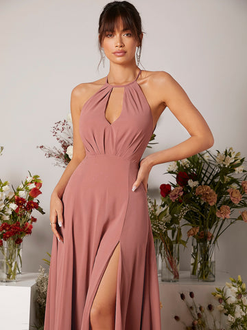 Slit Thigh Keyhole Halter Neck Tie Back Chiffon Bridesmaid Dress