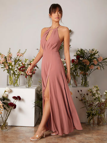 Slit Thigh Keyhole Halter Neck Tie Back Chiffon Bridesmaid Dress