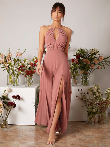 Slit Thigh Keyhole Halter Neck Tie Back Chiffon Bridesmaid Dress