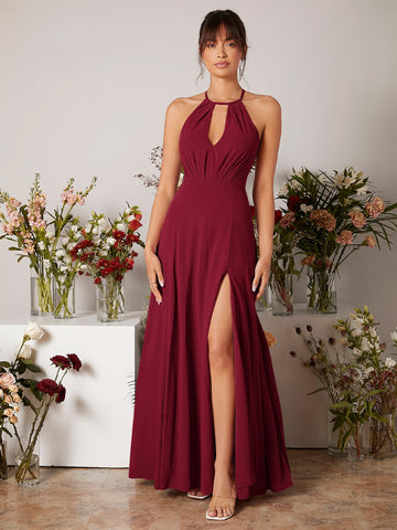 Slit Thigh Tie Backless Chiffon Bridesmaid Dress