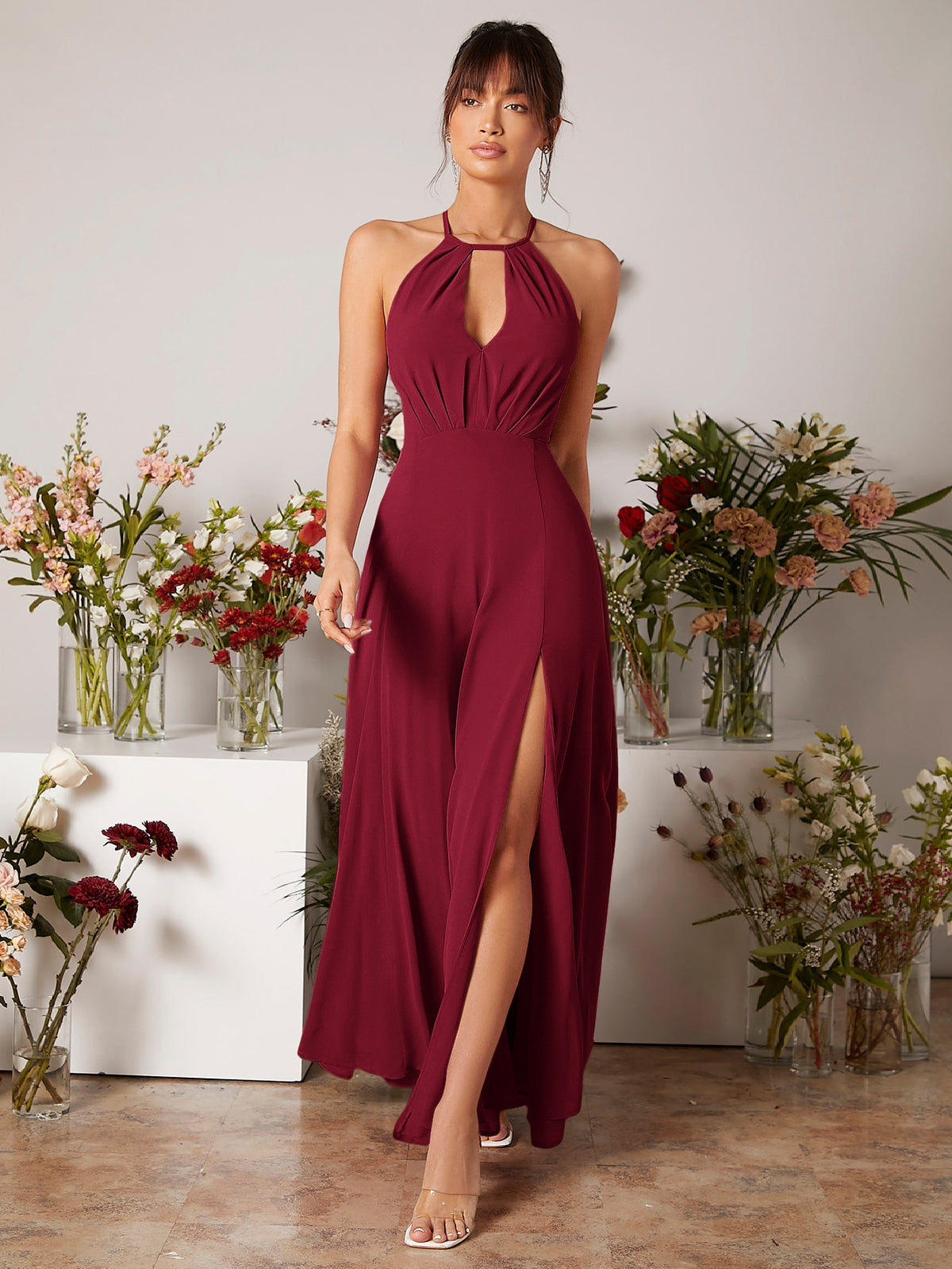 Slit Thigh Tie Backless Chiffon Bridesmaid Dress
