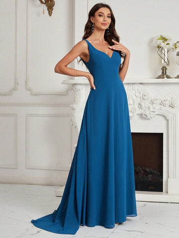 Solid Backless Chiffon Bridesmaid Dress