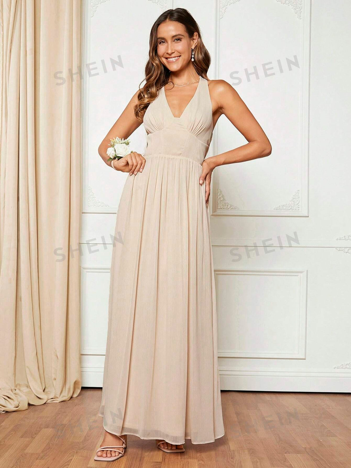 Solid Backless Halter Neck Bridesmaid Dress