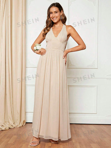 Solid Backless Halter Neck Bridesmaid Dress