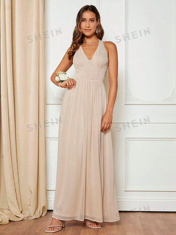 Solid Backless Halter Neck Bridesmaid Dress