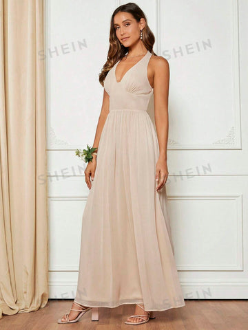Solid Backless Halter Neck Bridesmaid Dress