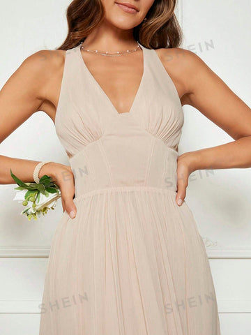 Solid Backless Halter Neck Bridesmaid Dress