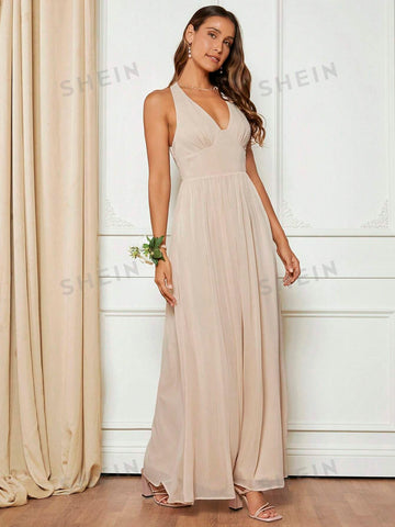 Solid Backless Halter Neck Bridesmaid Dress