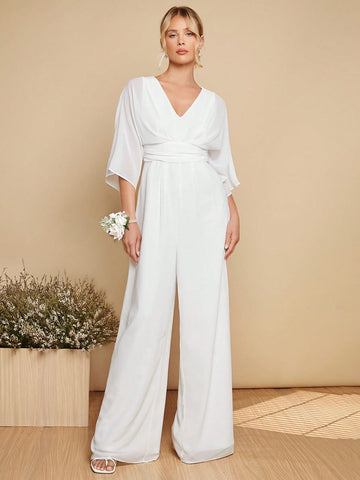 Solid Batwing Sleeve Wide Leg Jumpsuit
