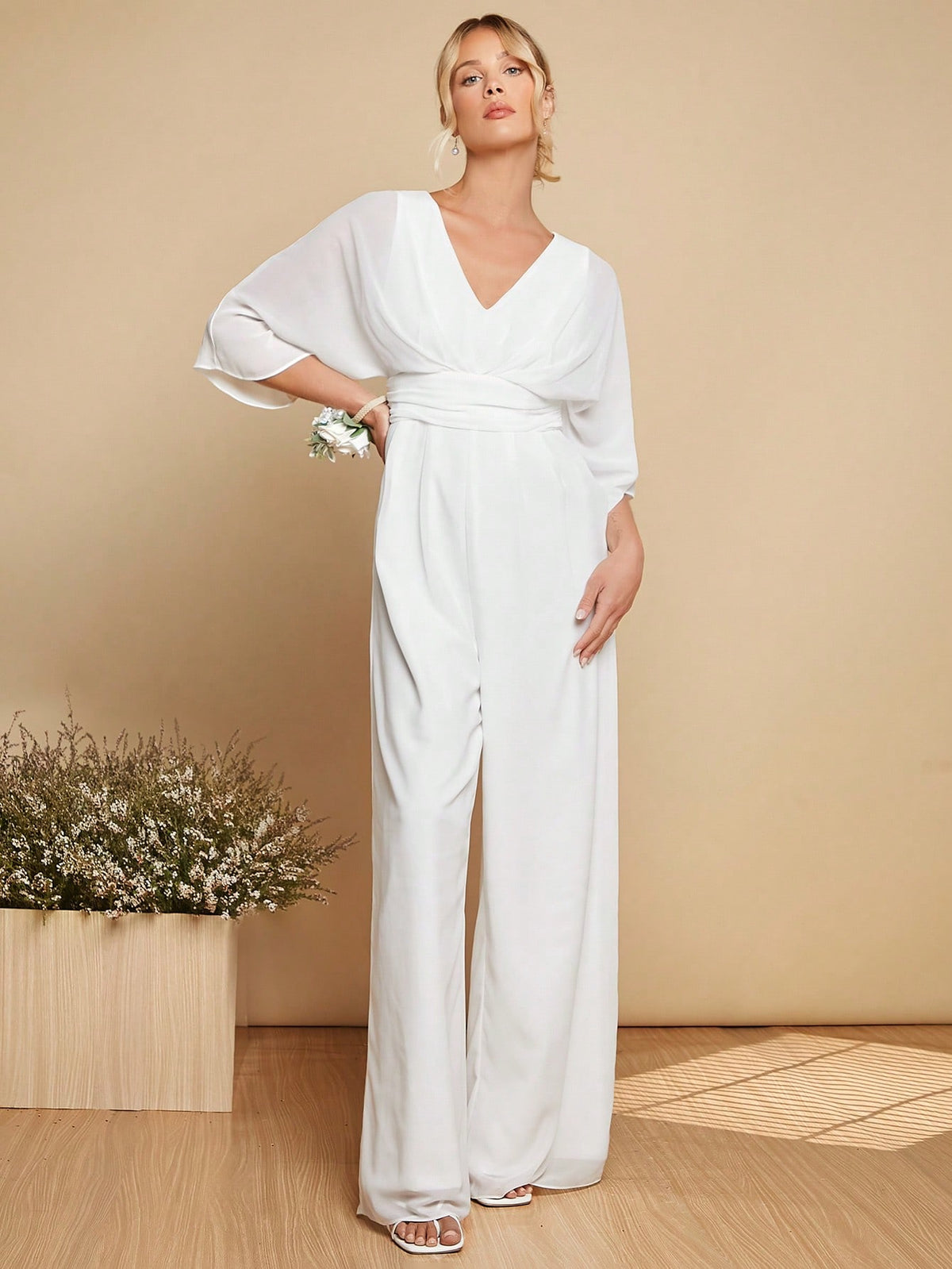 Solid Batwing Sleeve Wide Leg Jumpsuit