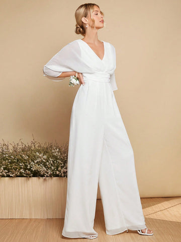 Solid Batwing Sleeve Wide Leg Jumpsuit