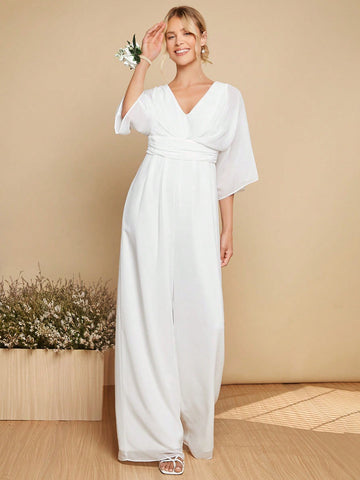 Solid Batwing Sleeve Wide Leg Jumpsuit
