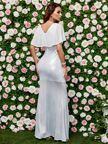 Solid Cloak Sleeve Split Thigh Overlay Metallic Wedding Dress