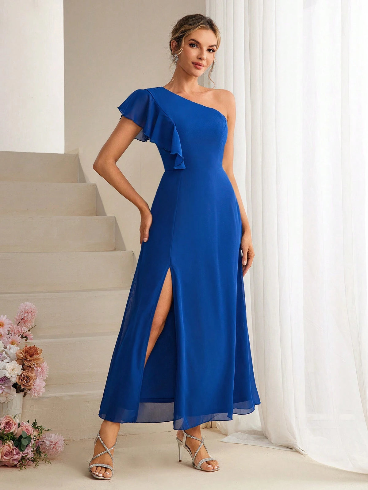 Solid Color Asymmetric Neckline Ruffle Hem High Slit Bridesmaid Dress