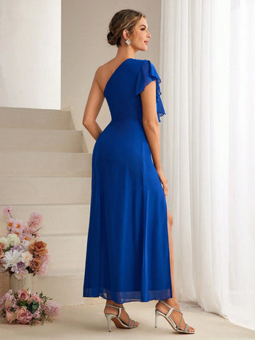 Solid Color Asymmetric Neckline Ruffle Hem High Slit Bridesmaid Dress