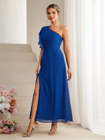 Solid Color Asymmetric Neckline Ruffle Hem High Slit Bridesmaid Dress