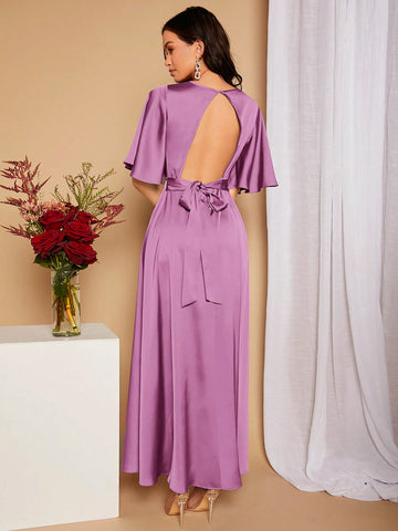 Solid Color Backless Strap Bridesmaid Dress
