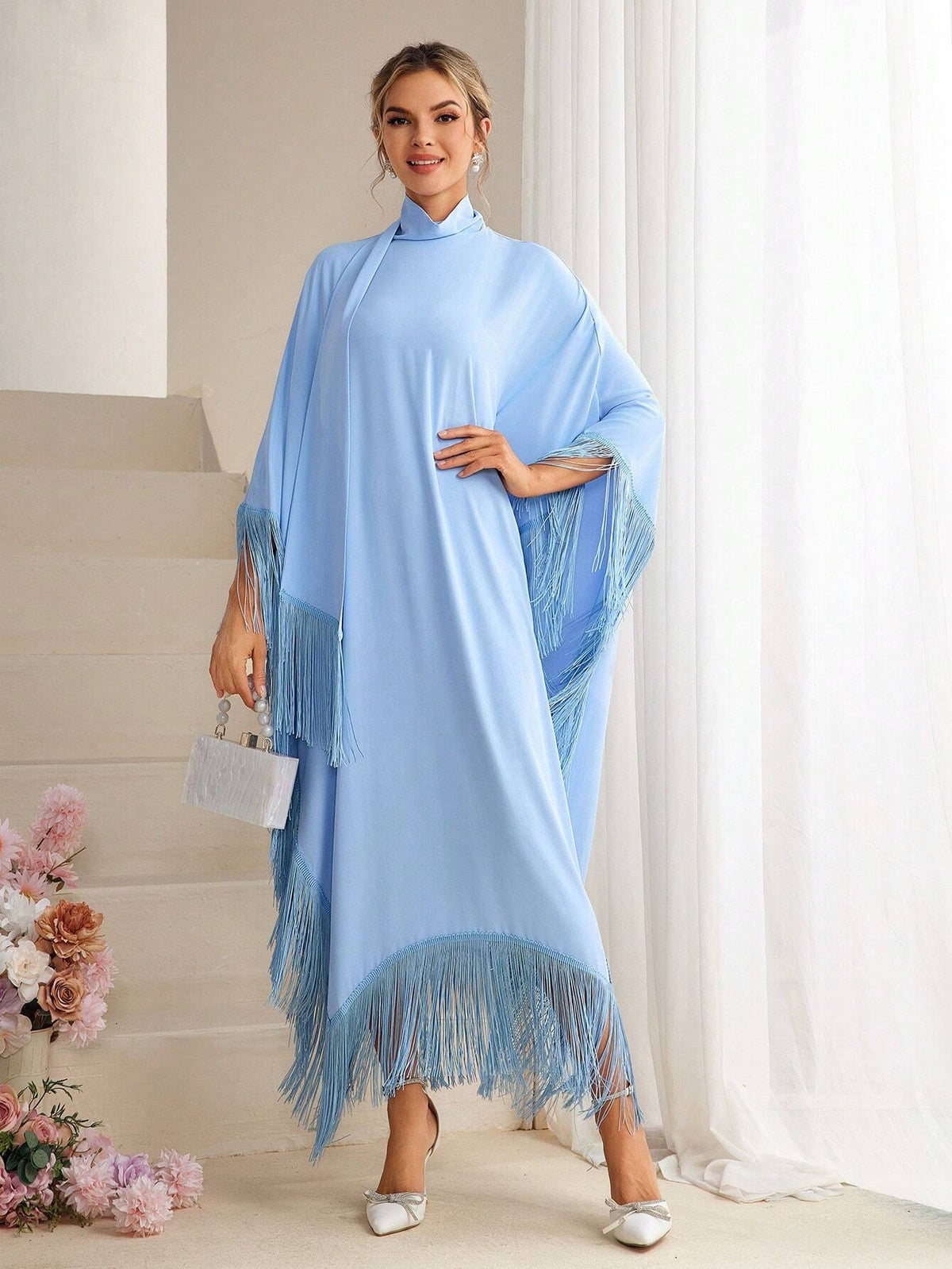 Solid Color Batwing Sleeve Fringed Bridesmaid Dress