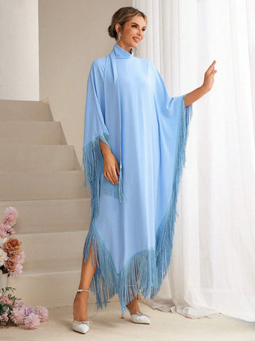 Solid Color Batwing Sleeve Fringed Bridesmaid Dress