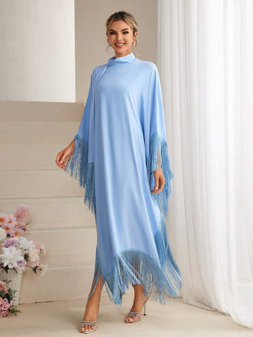 Solid Color Batwing Sleeve Fringed Bridesmaid Dress