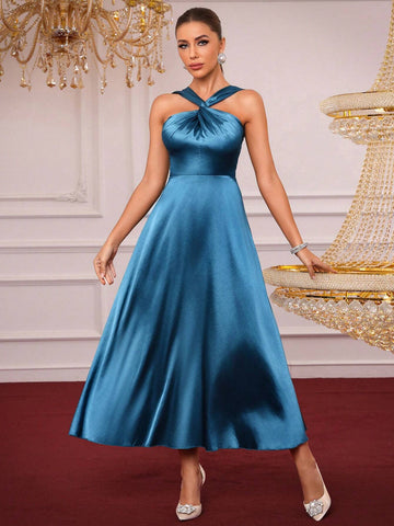 Solid Color Bridesmaid Dress With Halter And Cinched Waist