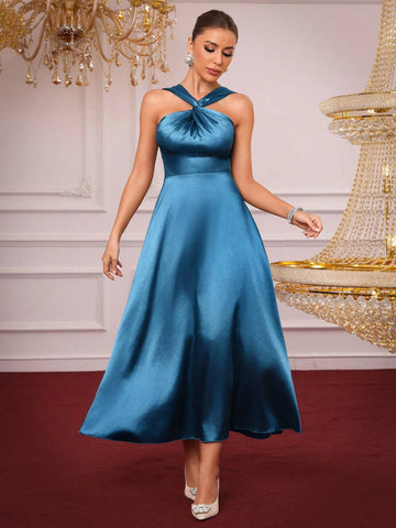 Solid Color Bridesmaid Dress With Halter And Cinched Waist