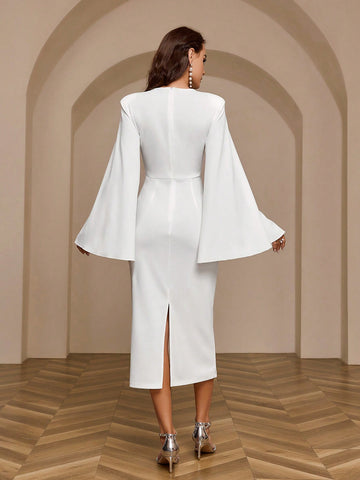 Solid Color Cape Sleeve Long Dress With Round Neckline