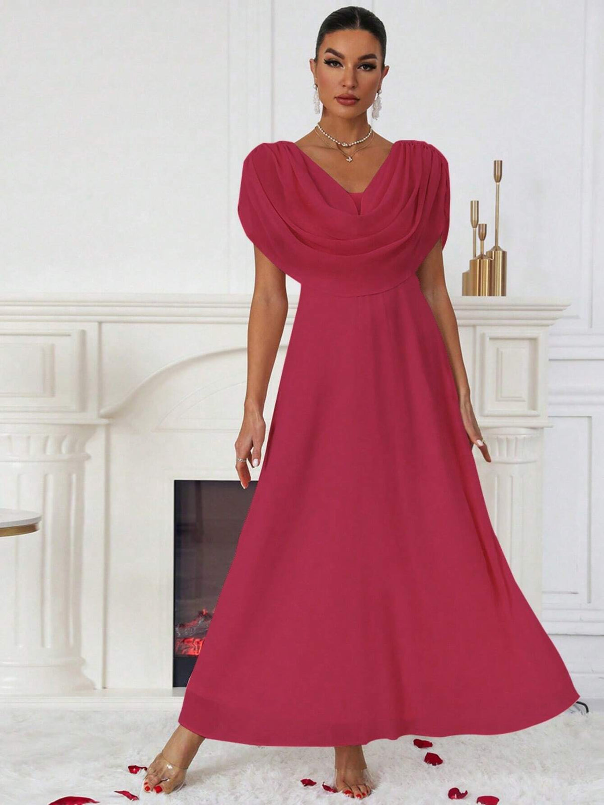 Solid Color Chiffon Bridesmaid Maxi Dress With Draped Neckline