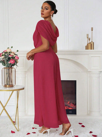 Solid Color Chiffon Bridesmaid Maxi Dress With Draped Neckline