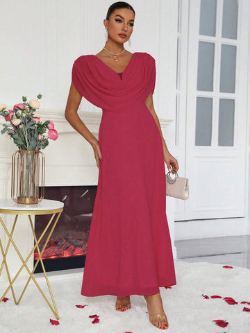 Solid Color Chiffon Bridesmaid Maxi Dress With Draped Neckline