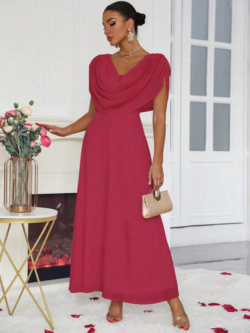 Solid Color Chiffon Bridesmaid Maxi Dress With Draped Neckline