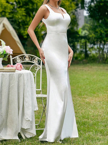 Solid Color High Slit Backless Wedding Dress
